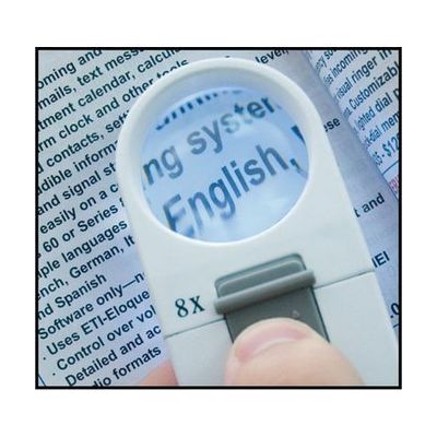 Small handheld magnifier with a round 35mm lens, black handle, and built-in LED light, approximately 6 inches long
