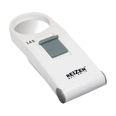 Small handheld magnifier under 6 inches long with a round 35mm lens and built-in LED light, shown with a soft vinyl drawstrin