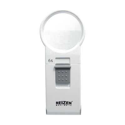 Round-lens handheld magnifier with black barrel handle and built-in LED light, approximately 5 inches long