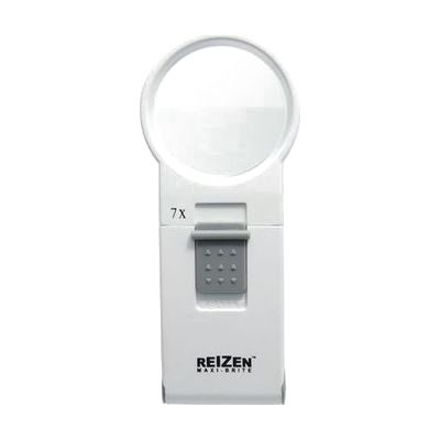Small handheld magnifier with round 50mm lens and built-in LED light, stored in a compact carrying case