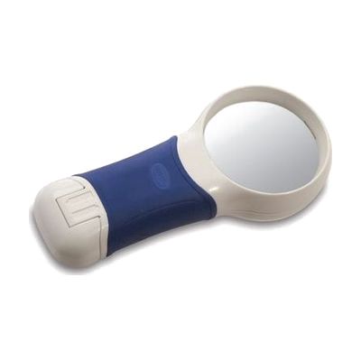 Round handheld magnifier with blue and white ergonomic handle, 60mm circular lens, and LED ring around the lens edge