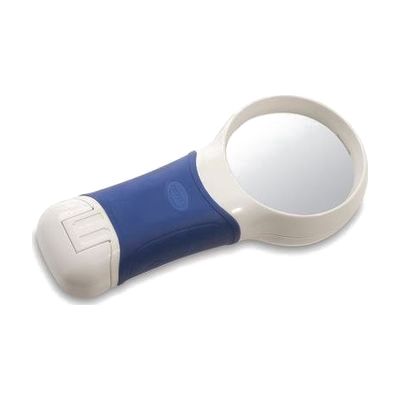 Round handheld magnifier with blue and white ergonomic grip handle and circular lens approximately 2.25 inches in diameter