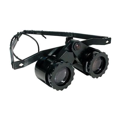 Lightweight head-mounted binoculars in a glasses-style frame, rimless design with two small 25mm lenses, approximately 5 inch