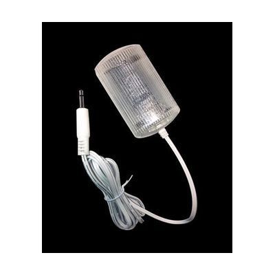 Small white rectangular strobe light unit with a clear lens and a short connecting cable
