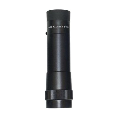 Cylindrical black monocular telescope approximately 6 inches long and 1.6 inches in diameter with focus ring, stored in a bla