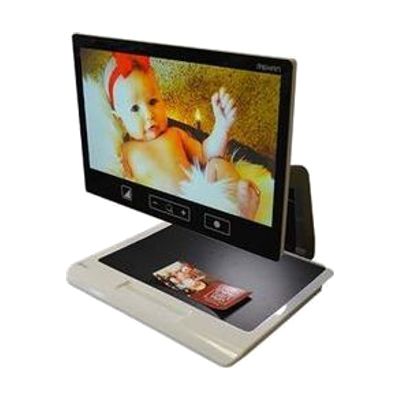 Large desktop video magnifier with a 22-inch widescreen monitor mounted on a white articulated arm above a flat reading platf