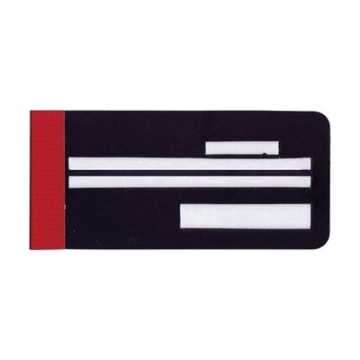 Flat rectangular check-writing template with multiple rectangular cut-out windows aligned to standard check fields