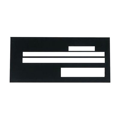 Small black rectangular plastic card about 2.75 by 6 inches with four cut-out slots for check writing fields