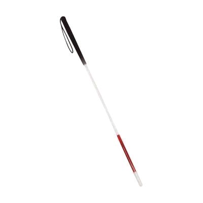 Straight 40-inch aluminum cane with white shaft, red reflective banding near tip, and dark golf-style grip with wrist loop