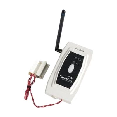 Small white rectangular wireless transmitter with magnetic contact bars and wire leads