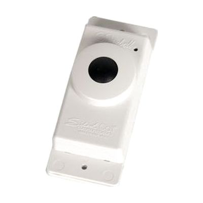 Small rectangular white doorbell transmitter with a round push button, designed for wall mounting with two screws