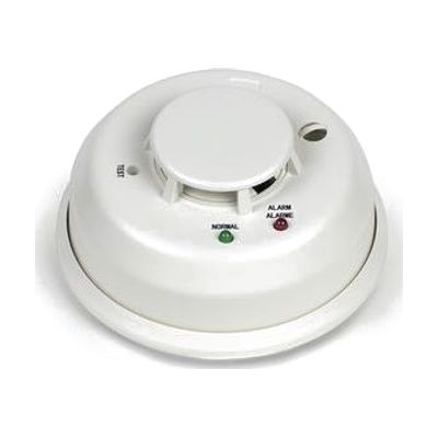 Round white ceiling-mounted smoke detector with a built-in wireless transmitter
