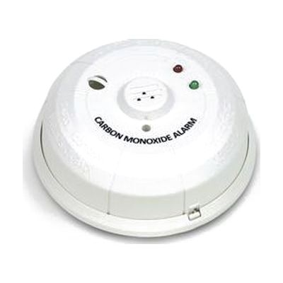 Small white rectangular carbon monoxide detector with a circular sensor grille and indicator light on the front face