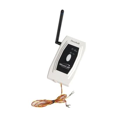 Small rectangular white plastic transmitter module with two wire leads, designed for doorbell wiring connection