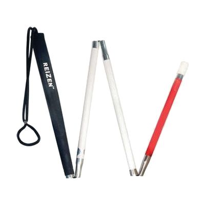 A folding cane with white and red segments joined by metal tips, shown beside its black pouch.