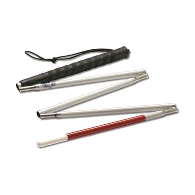 White folding cane in five sections with red stripe near the tip, flat-sided straight handle, and narrow pencil tip, approxim