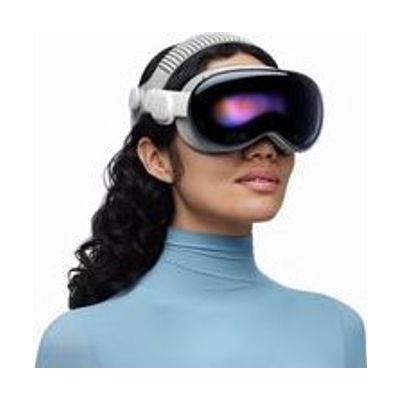 Curved goggles-style headset in silver and white with a smooth front glass panel, adjustable fabric head band, and attached e