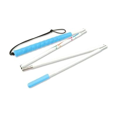 Four-section folding aluminum cane with blue flat-sided grip handle and blue pencil tip, white reflective shaft, shown extend