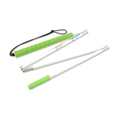 Folding white aluminum cane with green grip handle and green pencil tip, shown extended to full length with white reflective 