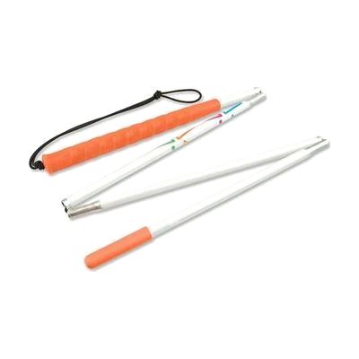 Four-section folding aluminum cane with bright orange grip handle and orange pencil tip, white shaft with reflective tape, ap