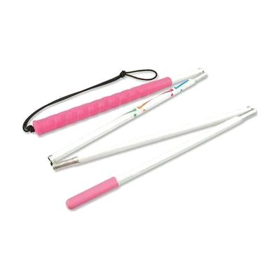 Folding aluminum cane in four sections with pink handle grip and pink pencil tip, shown extended at full length with white sh