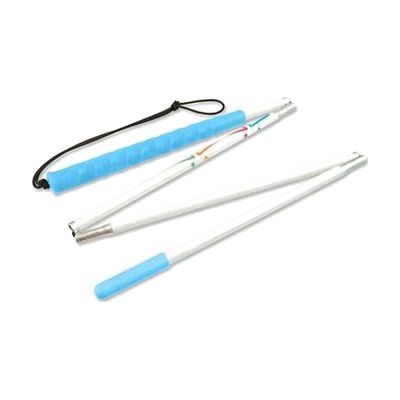 Blue-handled aluminum folding cane shown extended, with white reflective shaft and narrow blue pencil tip at the bottom