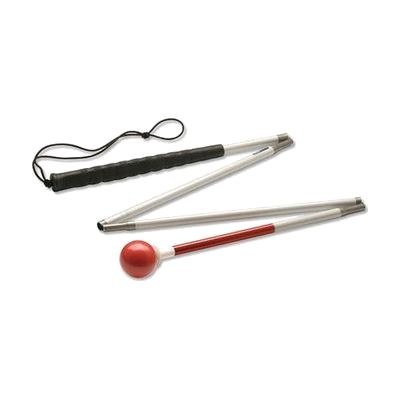 White aluminum folding cane with four sections, red stripe near bottom, and a 2-inch red ball tip with steel roller bearing