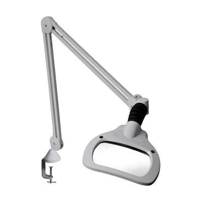Light grey articulating magnifier lamp with large rectangular lens head on a 30-inch jointed arm, with clamp base attachment
