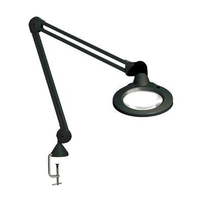 Black desk-mounted magnifier lamp with a round 5-inch lens housing on a long articulating spring arm, edge clamp base