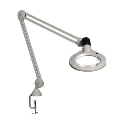 Grey articulating lamp with large round magnifying lens head and 45-inch spring arm, designed for desk clamp mounting