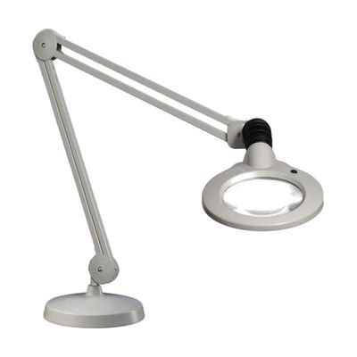 Grey articulating magnifier lamp with circular 5-inch lens housing on a 30-inch spring arm, mounted to a weighted round base