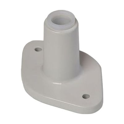Small grey C-shaped metal mounting bracket with bolt hardware, sized to clamp onto a desk edge