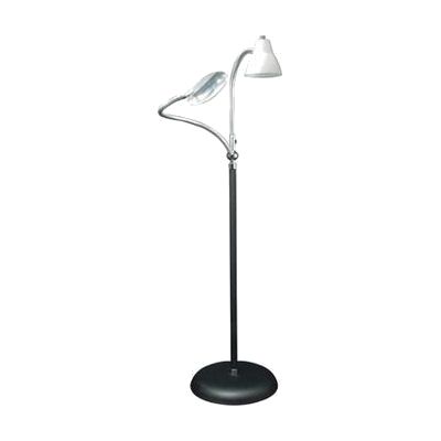 Floor lamp with two flexible gooseneck arms, one holding a circular magnifying lens and one a lamp head, on a weighted base
