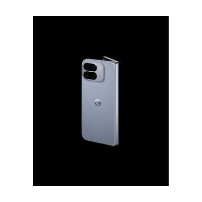 Foldable smartphone shown open like a book, with a large inner display and a narrower outer screen, in a dark colorway with a
