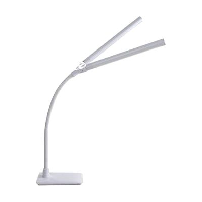 White dual-head LED desk lamp with flexible neck and two adjustable lamp heads, approximately 43 inches tall