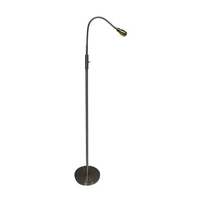 A floor-standing task lamp with a slim metal pole, round weighted base, and a gooseneck arm ending in a small lamp head.