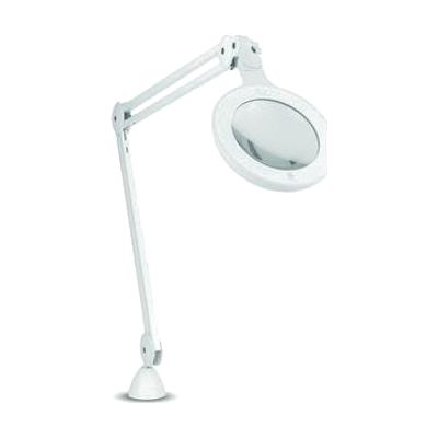 White and grey articulating magnifier lamp with large round 5-inch lens head, floor-standing style with long flexible arm