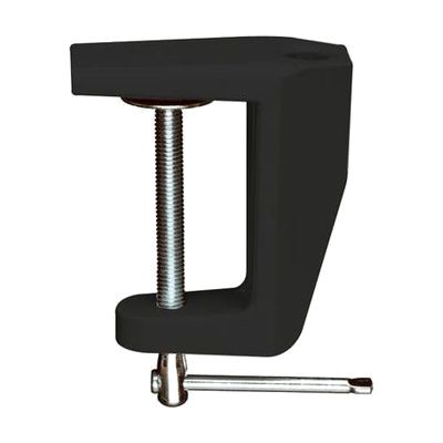 Small black metal C-clamp bracket approximately 4 inches tall with padded inner jaw, designed to grip a desk edge