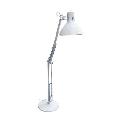 White metal task lamp with long articulating arm, external coil springs, and round weighted base
