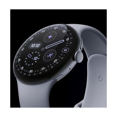Round smartwatch with polished aluminum case and bright AMOLED display, shown with a flexible silicone sport band