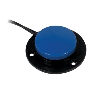 Very small round blue switch approximately 1.4 inches in diameter with a low-profile dome surface and attached cable
