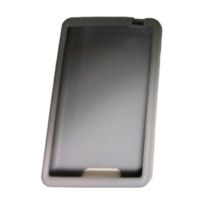 Grey silicone protective sleeve with attached lanyard cord and wrist strap loop