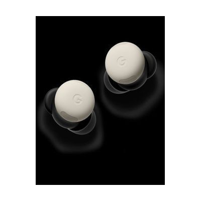 Small rounded in-ear wireless earbuds in matte finish with smooth touch surface and short stem, shown with compact oval charg