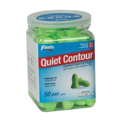 Clear plastic tub containing multiple pairs of yellow tapered foam ear plugs