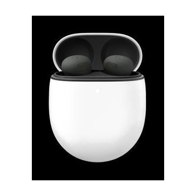 Small white wireless earbuds with rounded teardrop shape and a short stabilizer fin, shown with a compact oval white charging