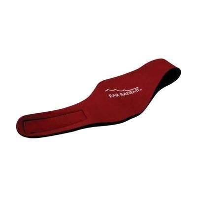 Red neoprene headband, roughly 1.5 inches wide, designed to wrap around the ears and back of the head