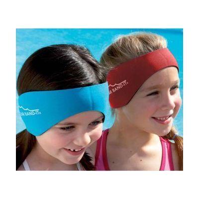 Red neoprene headband, wide band style designed to cover both ears, laid flat