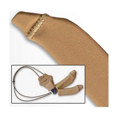 Small beige fabric sleeve with attached cord and clothing clip, sized to fit a behind-the-ear hearing aid