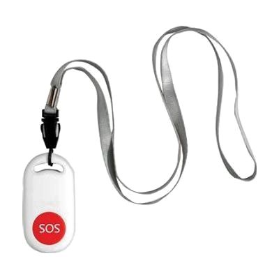 Small square white button device with a lanyard attachment loop, designed to be worn around the neck