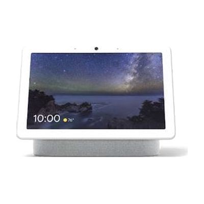 Rectangular smart display with a large 10-inch screen, white or charcoal fabric base, front-facing camera centered above the 